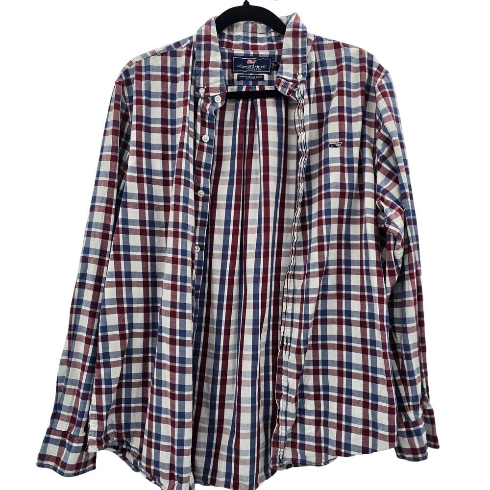 Vineyard Vines Shirt Mens 2XL Red Blue Plaid Slim Fit Whale Button Down Stretch